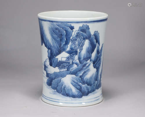 Qing Dynasty Kangxi blue and white landscape figure pen hold...