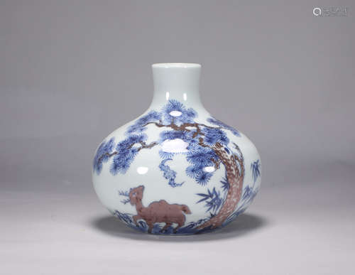 Qing Dynasty Qianlong blue and white underglaze red pine dee...