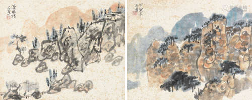 1913～1976 陈子庄 1974年作 山水小品两帧 设色纸本 镜片