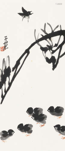1915～2011 崔子范  玉兰小鸡 设色纸本 镜框