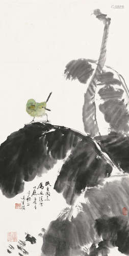 1909～1991 张辛稼 1976年作 芭蕉小鸟 设色纸本 镜框