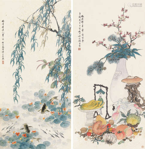 1860～1937 陈康侯  清供、鱼藻 设色纸本 镜片