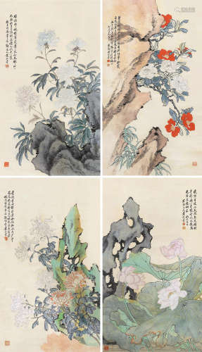 1855～1919 黄山寿 1906年作 四时名卉 设色纸本 镜片