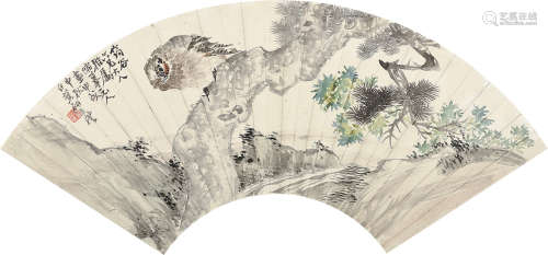 1813～1879 王礼 1874年作 元人花鸟  扇框  设色纸本