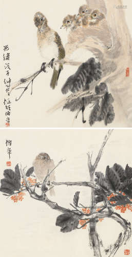 1840～1896 任颐 1888年作 花鸟 （两帧） 镜框  设色纸本