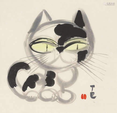 b.1936 韩美林 1977年作 猫  镜框  设色纸本