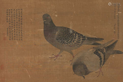 1677～1745 鄂尔泰  双鸽  立轴  设色绢本