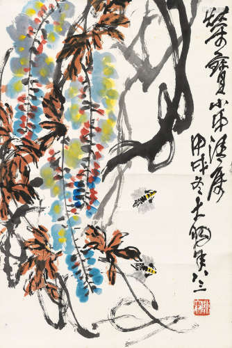 1912～2001 陈大羽 1998年作 紫藤蜜蜂  镜片  设色纸本