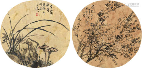 1841～1915 金心兰 1901年作 花卉 （两帧） 镜框  水墨绢本