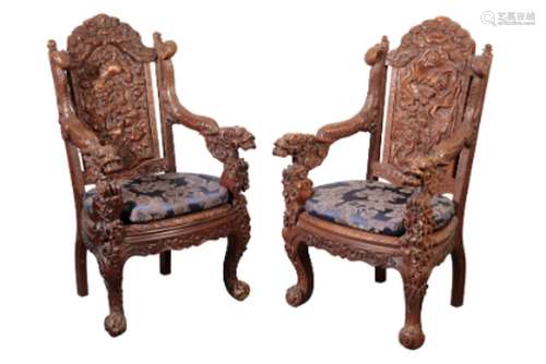 A PAIR OF CHINESE HARDWOOD THRONE CHAIRS, LATE QING, circa 1...