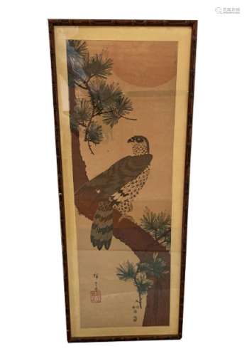 JAPANESE SCHOOL A bird of prey perched on the trunk of a kna...