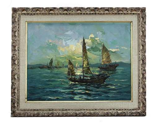 OIL PAINTING ON CANVAS OF VESSELS BY H. LEUNG