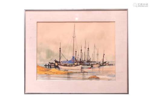 FRAMED WATERCOLOR ON PAPER PAINTING OF HARBOR
