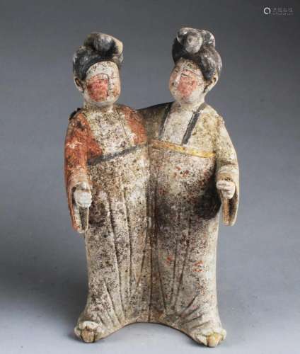 Chinese Pottery Twin Maiden Statue
