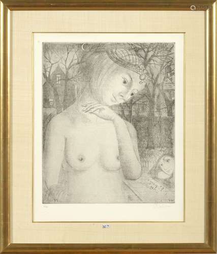 DELVAUX Paul (1897 - 1994) - "Femme au miroir" eau...