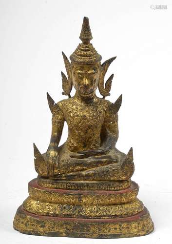 "Bouddha assis sur une fleur de lotus" en bronze d...