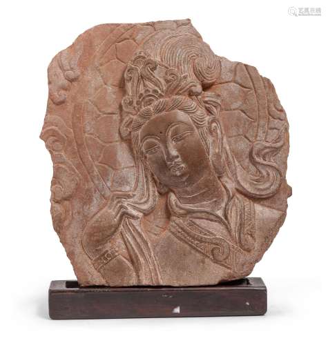 A CHINESE TERRACOTTA BAS-RELIEF FRAGMENT, DEPICTING GUANYIN,...