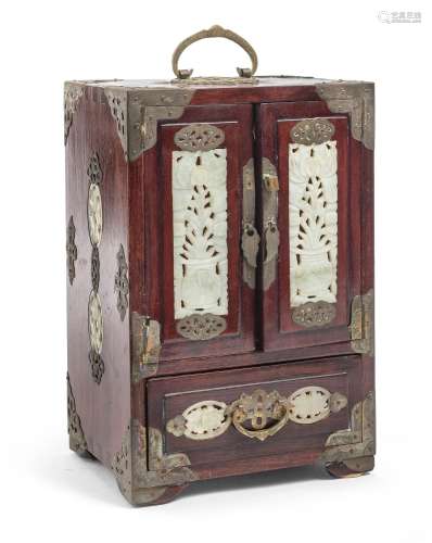 A CHINESE COIN CABINET IN WOOD, JADE AND BRONZE, 20TH CENTUR...
