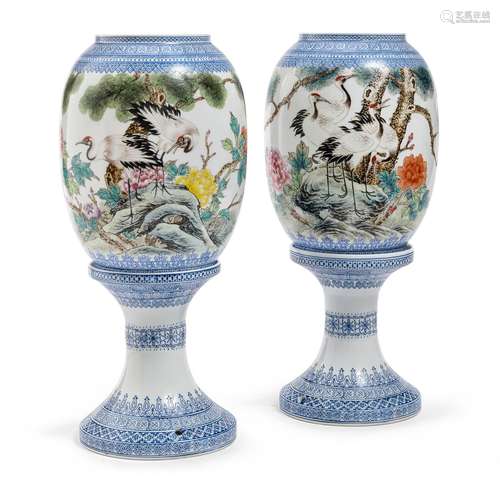 A RARE PAIR OF CHINESE POLYCHROME ENAMELED PORCELAIN LAMPS, ...