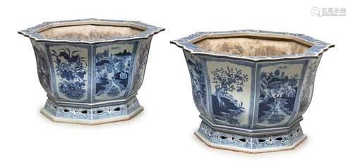 A PAIR OF CHINESE WHITE AND BLUE PORCELAIN CACHEPOTS, 19TH C...