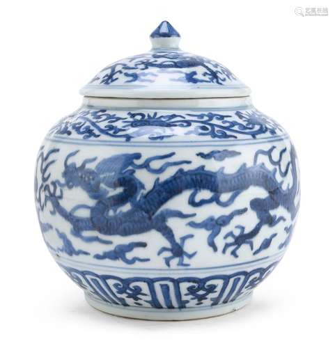 A CHINESE WHITE AND BLUE PORCELAIN JAR WITH LID, FIRST HALF ...