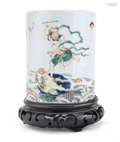 AN IMPORTANT CHINESE POLYCHROME ENAMELED PORCELAIN BRUSH POT...