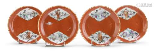FOUR CHINESE POLYCHROME ENAMELED PORCELAIN SAUCERS, LATE 19T...