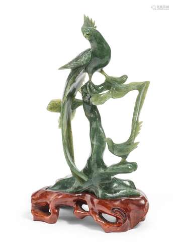 A CHINESE SERPENTINE PHOENIX SCULPTURE, 20TH CENTURY.