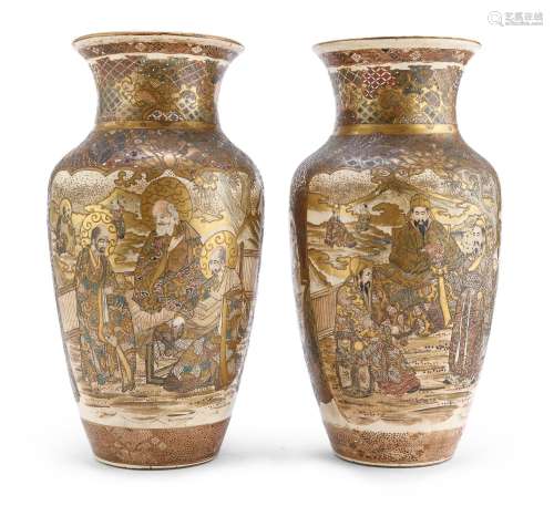 A PAIR OF JAPANESE POLYCHROME AND GOLD ENAMELED CERAMIC VASE...