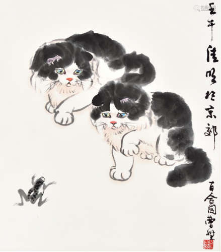 曹无（b.1951 ） 双猫戏蟾 设色纸本 立轴
