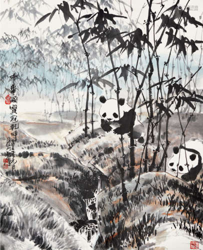 耿汉（b.1932 ） 竹林乐趣 设色纸本 镜心