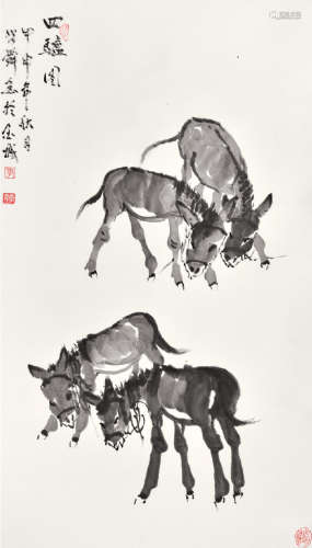 李学舜（b.1947 ） 四驴图 水墨纸本 立轴