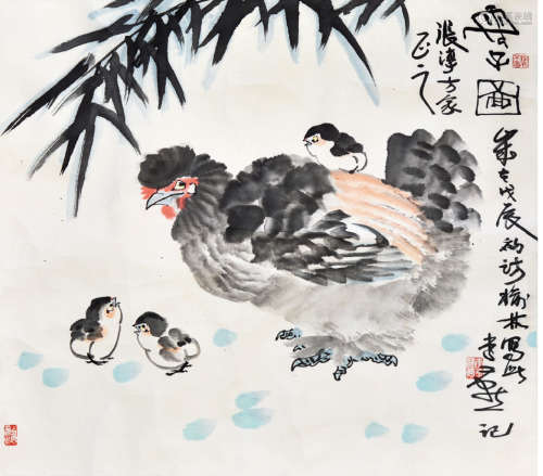李燕（b.1943 ） 母子图 设色纸本 镜心