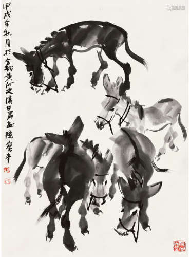李宝峰（1938—2019）五驴图 水墨纸本 平轴