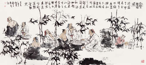 王艺千（b.1958）七贤聚雅图 设色纸本 镜心