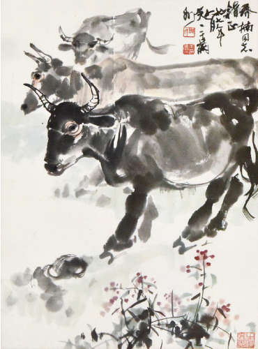 王天一（1926—2013）草深牛自乐 设色纸本 镜框