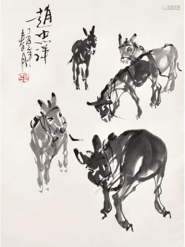 赵忠祥 （1942—2020）五驴图 水墨纸本 立轴