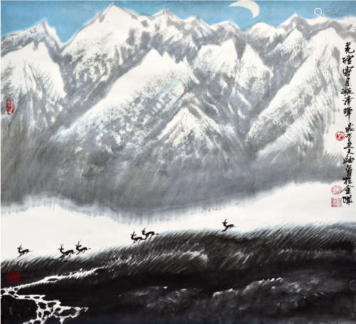 陈天铀（b.1945) 雪山饮鹿图 设色纸本 镜心