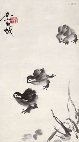 韩不言（1921—1996）稚鸡图 设色纸本 镜框