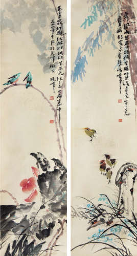 杨晓峰（b.1989）花鸟二屏 设色纸本 立轴