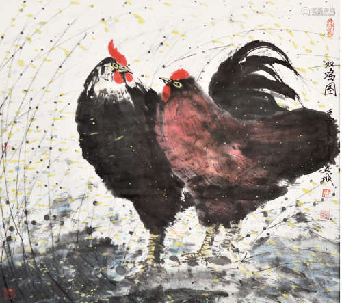 安正中（1934—2003）双鸡图 设色纸本 镜框