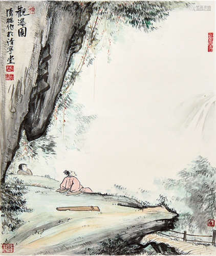 陈櫑（b.1987）观瀑图 设色纸本 镜心