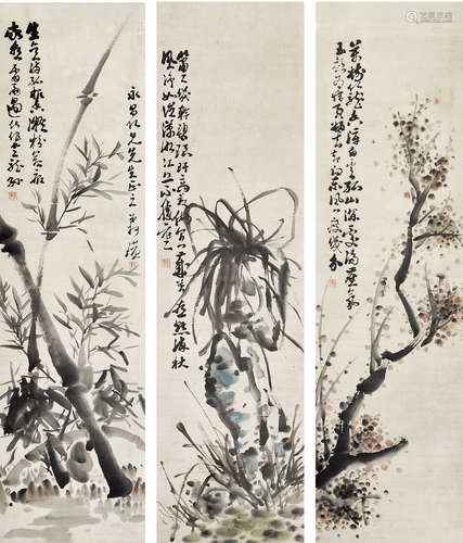 柯璜（1876-1963）梅兰竹菊四屏 设色纸本 镜框