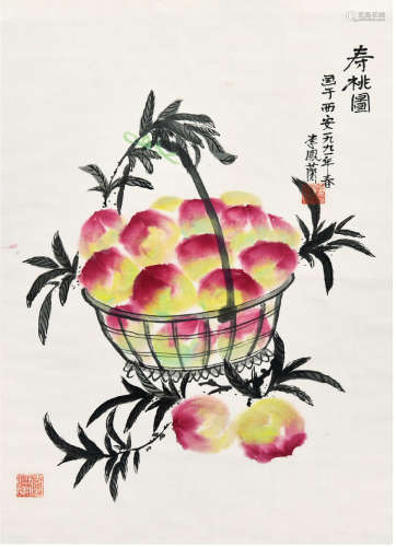 李凤兰（b.1943）寿桃图 设色纸本 立轴