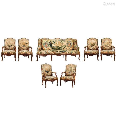 Louis XV-Salongarnitur mit sechs Fauteuils und einem Sofa