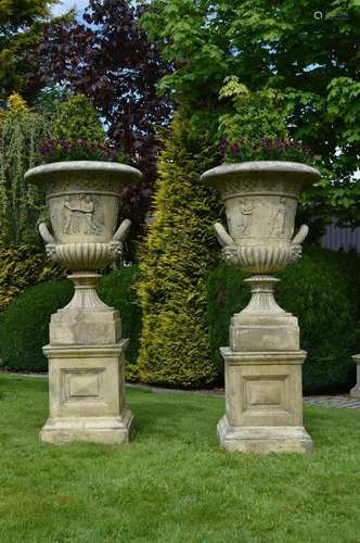 PAIR LARGE ITALIANATE STONE GARDEN URNS