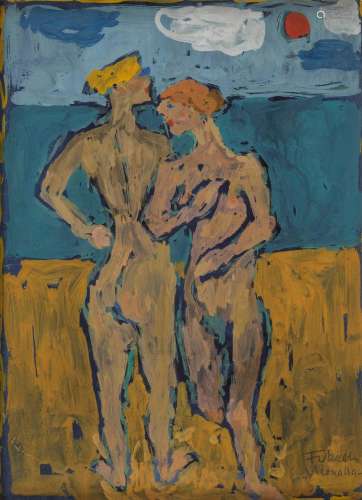 Fikret Moualla (1903-1967) - Femmes nues sur la plage, gouac...