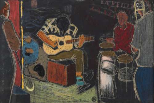 Erich Hermès (1881-1971) - Joueurs de jazz, pastel et gouach...