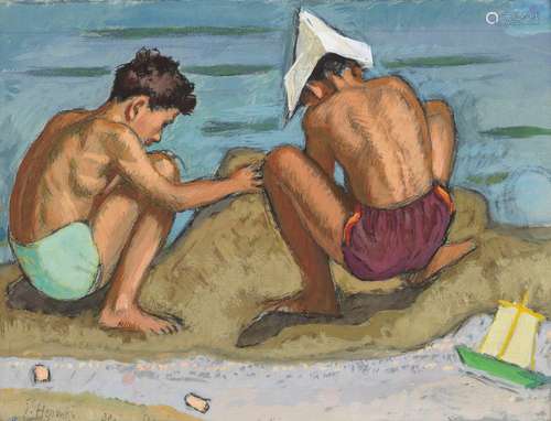 Erich Hermès (1881-1971) - Alain et Dani sur la plage, fusai...