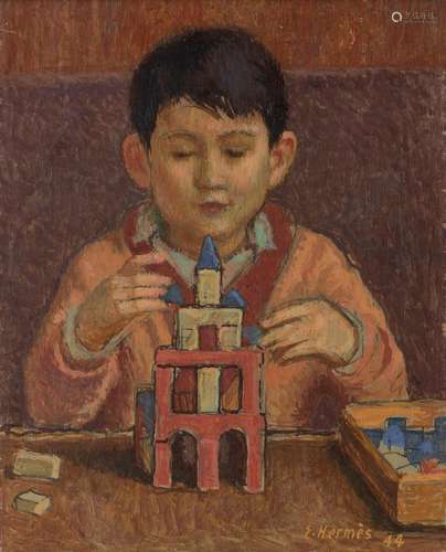 Erich Hermès (1881-1971) - Portrait d'un enfant jouant ...